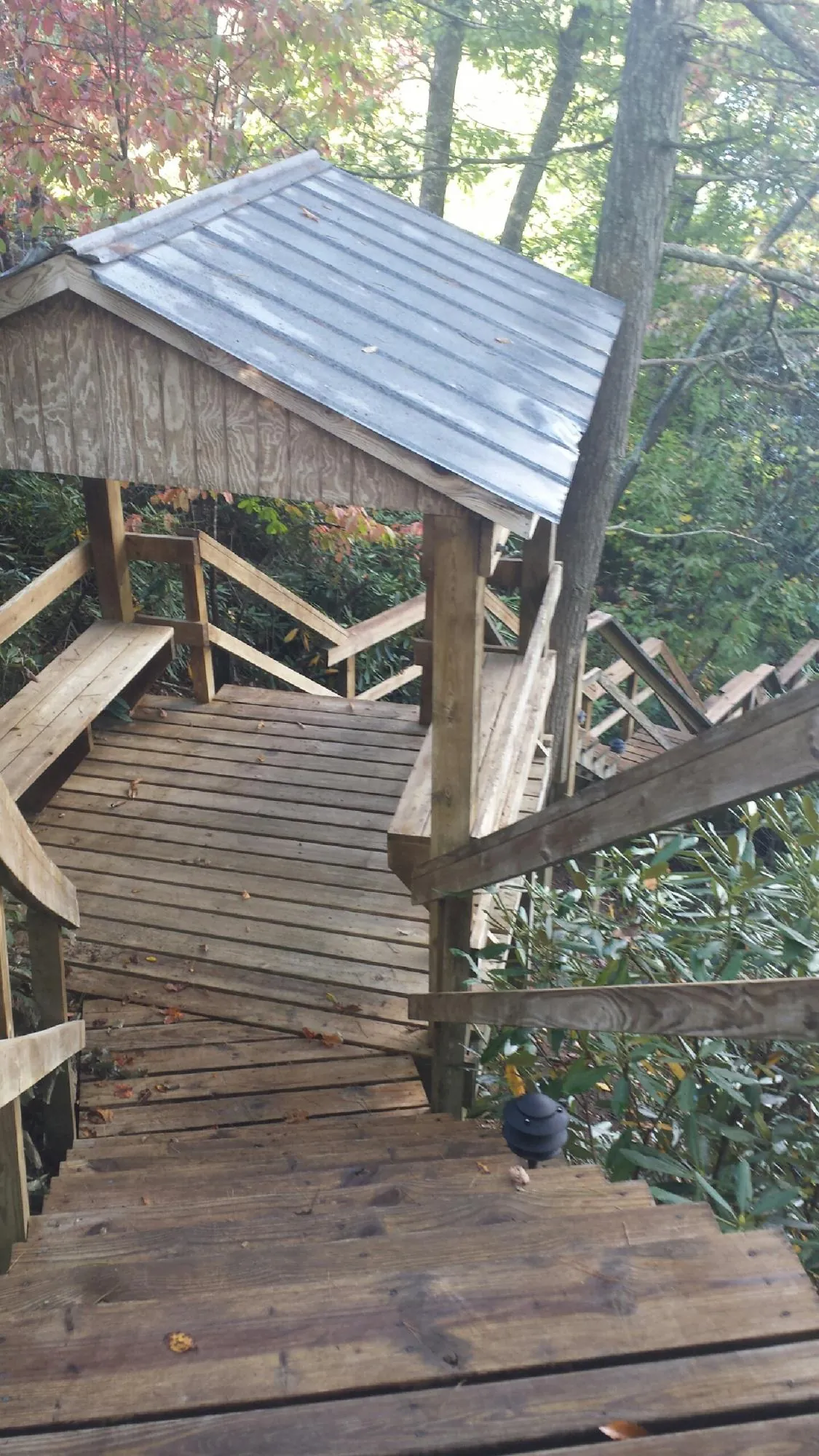 Metal roofed shelter over wooden steps on a wooded walkway — Skylight Repair & Installation work by our crew in Crescent Mills